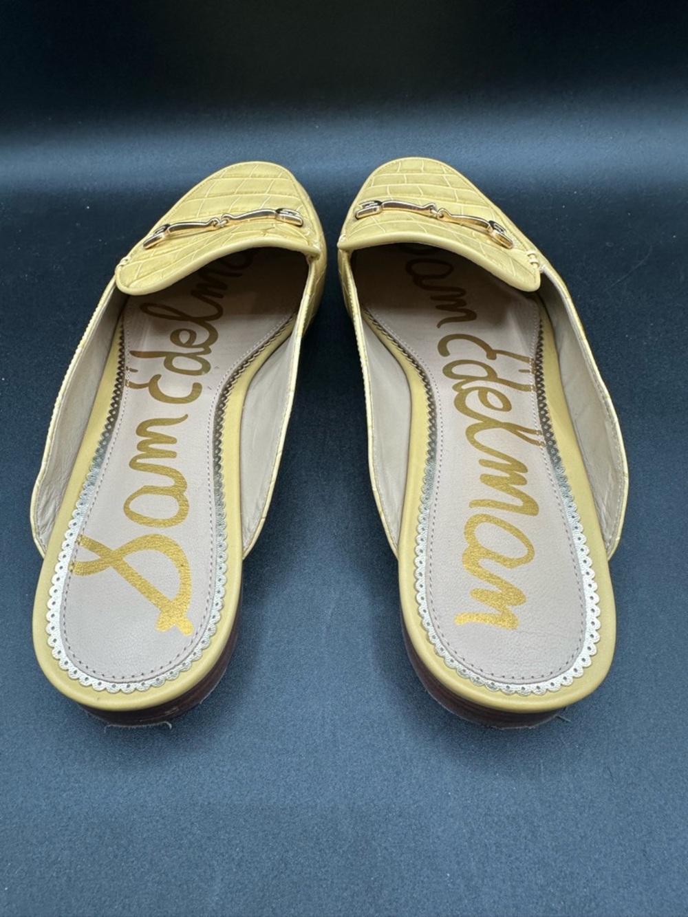 Sam Edelman Linnie Bit Mule Croc Embossed Leather Yellow Size 9.5 Gold Horsebit - Picture 4 of 5